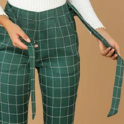 Allegra K Women's Plaid Self Tie Belt Elastic Waistband Straight High Waist Pants