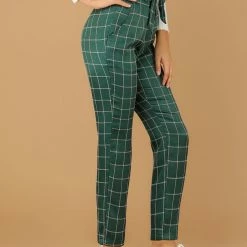 Allegra K Women's Plaid Self Tie Belt Elastic Waistband Straight High Waist Pants