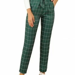 Allegra K Women's Plaid Self Tie Belt Elastic Waistband Straight High Waist Pants