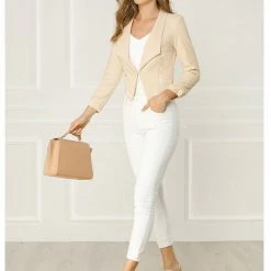 Allegra K Women's Notched Lapel Ruched Sleeve Jackets Business Crop Blazer