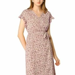 Allegra K Women's Floral Ruffle Trim Cuff V Neck Self Belt Midi Wrap Dress 27 Allegra K Women's Floral Ruffle Trim Cuff V Neck Self Belt Midi Wrap Dress