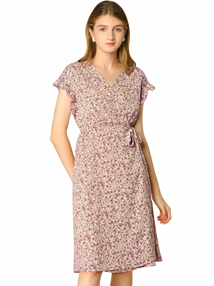 Allegra K Women's Floral Ruffle Trim Cuff V Neck Self Belt Midi Wrap Dress 10 Allegra K Women's Floral Ruffle Trim Cuff V Neck Self Belt Midi Wrap Dress