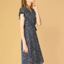 Allegra K Women's Floral Ruffle Trim Cuff V Neck Self Belt Midi Wrap Dress 22 Allegra K Women's Floral Ruffle Trim Cuff V Neck Self Belt Midi Wrap Dress