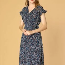 Allegra K Women's Floral Ruffle Trim Cuff V Neck Self Belt Midi Wrap Dress 23 Allegra K Women's Floral Ruffle Trim Cuff V Neck Self Belt Midi Wrap Dress