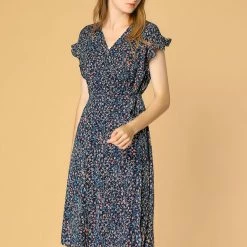 Allegra K Women's Floral Ruffle Trim Cuff V Neck Self Belt Midi Wrap Dress 24 Allegra K Women's Floral Ruffle Trim Cuff V Neck Self Belt Midi Wrap Dress
