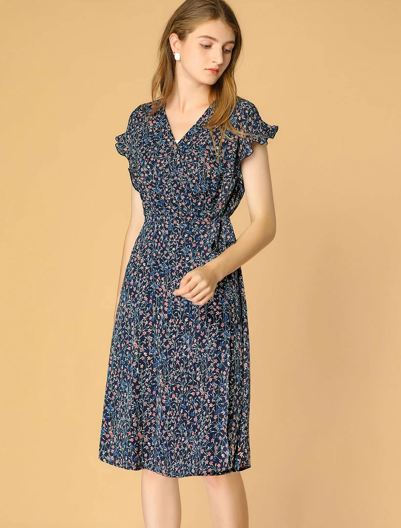 Allegra K Women's Floral Ruffle Trim Cuff V Neck Self Belt Midi Wrap Dress 7 Allegra K Women's Floral Ruffle Trim Cuff V Neck Self Belt Midi Wrap Dress