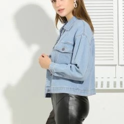 Allegra K Women's Denim Jacket Button Up Casual Short Jean Jackets