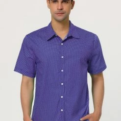 Allegra K HZ160403 Men Short Sleeves Cotton Polka Dots Button Up Shirt