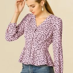 Allegra K Women's Elegant Dots V Neck Long Sleeve Top Button Peplum Blouse