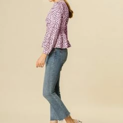 Allegra K Women's Elegant Dots V Neck Long Sleeve Top Button Peplum Blouse