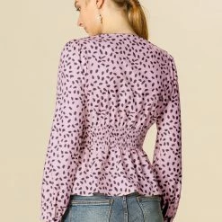 Allegra K Women's Elegant Dots V Neck Long Sleeve Top Button Peplum Blouse