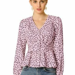 Allegra K Women's Elegant Dots V Neck Long Sleeve Top Button Peplum Blouse