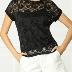 Allegra K Curved Hem Sheer Short Sleeves Floral Lace Top