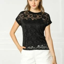 Allegra K Curved Hem Sheer Short Sleeves Floral Lace Top