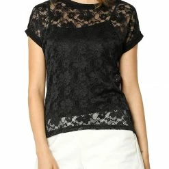 Allegra K Curved Hem Sheer Short Sleeves Floral Lace Top