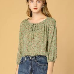 Women Allegra K Floral Print 3/4 Raglan Sleeve Drawstring Round Neck Blouse