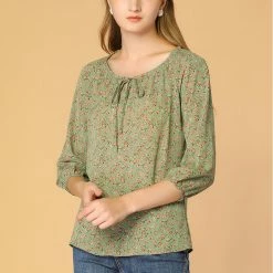 Women Allegra K Floral Print 3/4 Raglan Sleeve Drawstring Round Neck Blouse