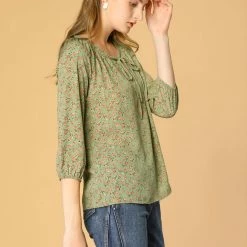 Women Allegra K Floral Print 3/4 Raglan Sleeve Drawstring Round Neck Blouse