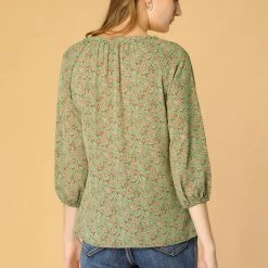 Women Allegra K Floral Print 3/4 Raglan Sleeve Drawstring Round Neck Blouse