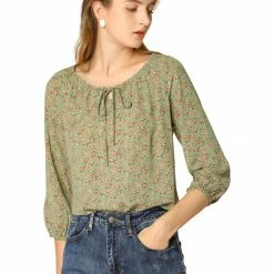 Women Allegra K Floral Print 3/4 Raglan Sleeve Drawstring Round Neck Blouse