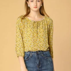 Women Allegra K Floral Print 3/4 Raglan Sleeve Drawstring Round Neck Blouse
