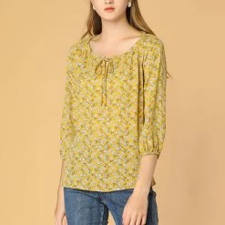 Women Allegra K Floral Print 3/4 Raglan Sleeve Drawstring Round Neck Blouse