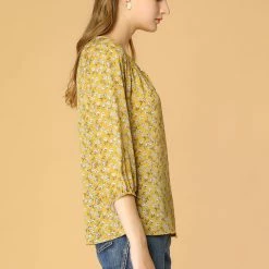 Women Allegra K Floral Print 3/4 Raglan Sleeve Drawstring Round Neck Blouse