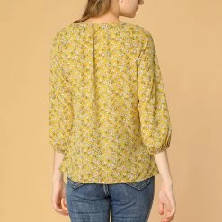 Women Allegra K Floral Print 3/4 Raglan Sleeve Drawstring Round Neck Blouse
