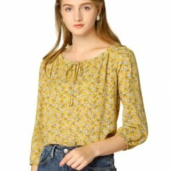 Women Allegra K Floral Print 3/4 Raglan Sleeve Drawstring Round Neck Blouse