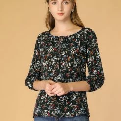 Women Allegra K Floral Print 3/4 Raglan Sleeve Drawstring Round Neck Blouse
