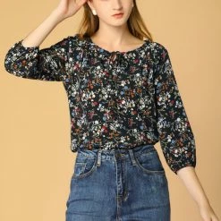 Women Allegra K Floral Print 3/4 Raglan Sleeve Drawstring Round Neck Blouse