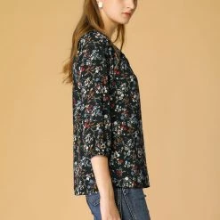 Women Allegra K Floral Print 3/4 Raglan Sleeve Drawstring Round Neck Blouse