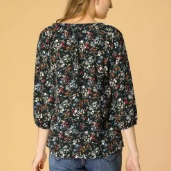 Women Allegra K Floral Print 3/4 Raglan Sleeve Drawstring Round Neck Blouse