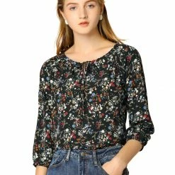 Women Allegra K Floral Print 3/4 Raglan Sleeve Drawstring Round Neck Blouse