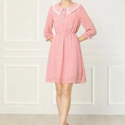 Allegra K Women's Peter Pan Collar Dresses Star Puff Sleeve Chiffon Shirt Dress