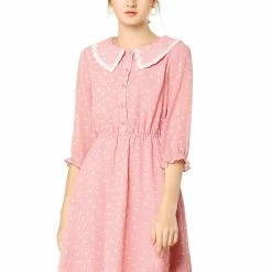 Allegra K Women's Peter Pan Collar Dresses Star Puff Sleeve Chiffon Shirt Dress