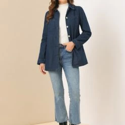 Allegra K Belted Longline Denim Jacket Women