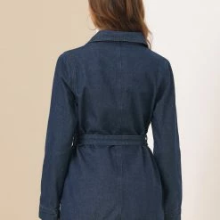 Allegra K Belted Longline Denim Jacket Women