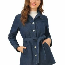 Allegra K Belted Longline Denim Jacket Women