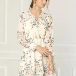 Allegra K Women's Floral Ruffled Tie V Neck Layered Vintage Chiffon Mini Dress