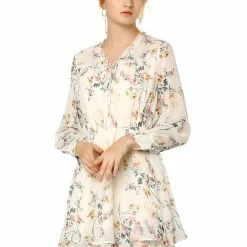 Allegra K Women's Floral Ruffled Tie V Neck Layered Vintage Chiffon Mini Dress