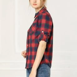 Women Allegra K Plaids Roll Up Sleeves Buttoned Boyfriend Shirt 33 Women Allegra K Plaids Roll Up Sleeves Buttoned Boyfriend Shirt