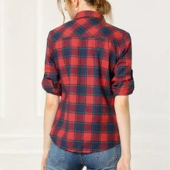 Women Allegra K Plaids Roll Up Sleeves Buttoned Boyfriend Shirt 34 Women Allegra K Plaids Roll Up Sleeves Buttoned Boyfriend Shirt