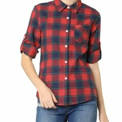 Women Allegra K Plaids Roll Up Sleeves Buttoned Boyfriend Shirt
