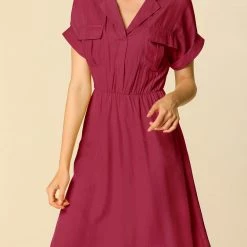 Women Allegra K Four Pockets Shirt Dress With Notched Lapel In Khaki