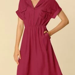 Women Allegra K Four Pockets Shirt Dress With Notched Lapel In Khaki