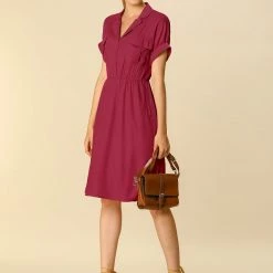 Women Allegra K Four Pockets Shirt Dress With Notched Lapel In Khaki