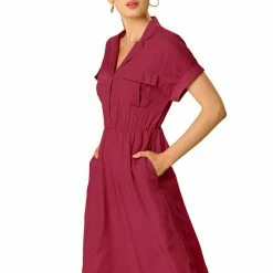 Women Allegra K Four Pockets Shirt Dress With Notched Lapel In Khaki