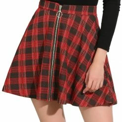 Allegra K Women's Tartan Plaid Zip Up High Waist A-Line Skater Skirt