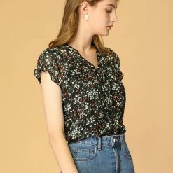 Allegra K Women's Floral Printed Ruffles Cap Sleeve Chiffon Blouse Top